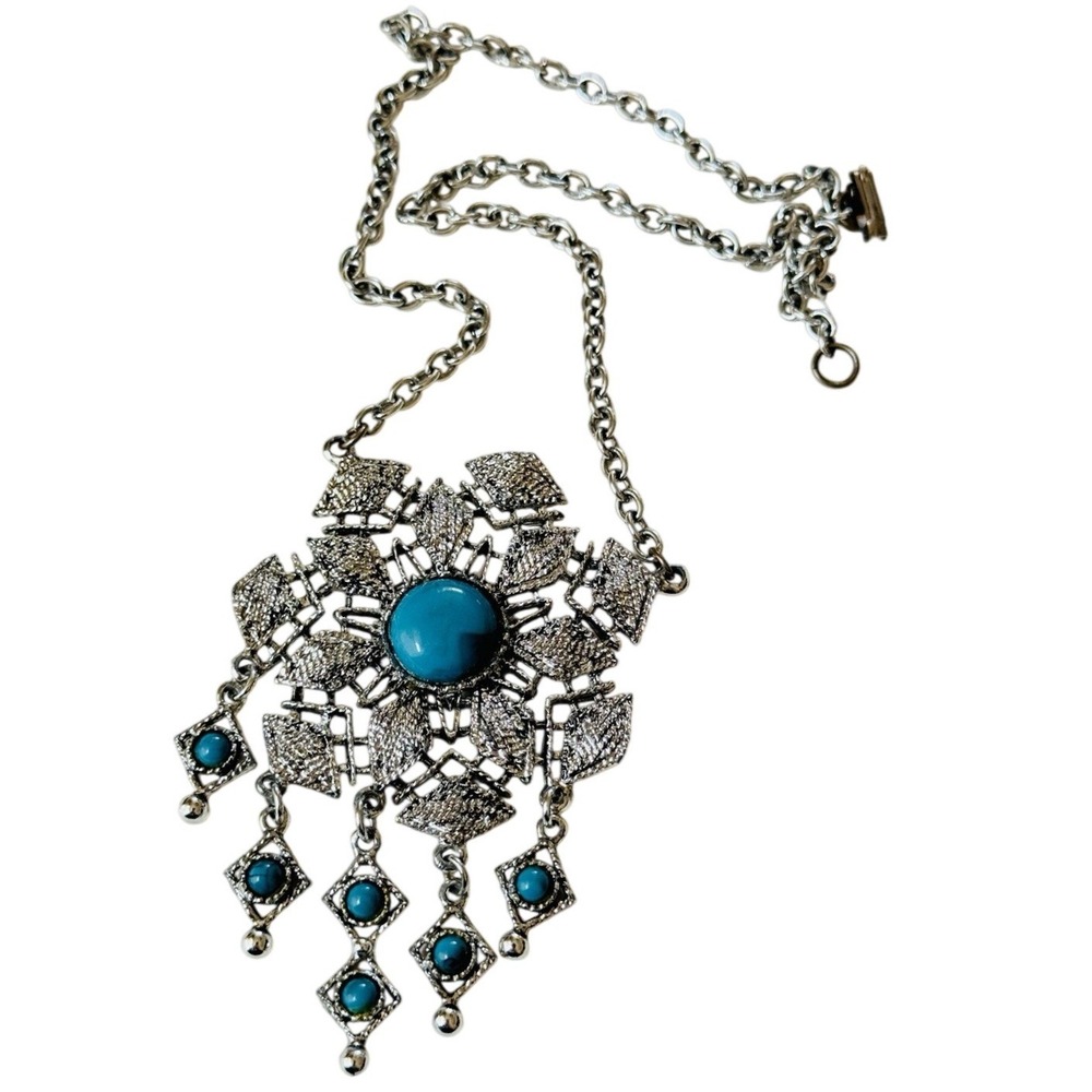 Vtg Squash Blossom Necklace Statement Regal Silver‎ Plated Chain Rare Cabochon